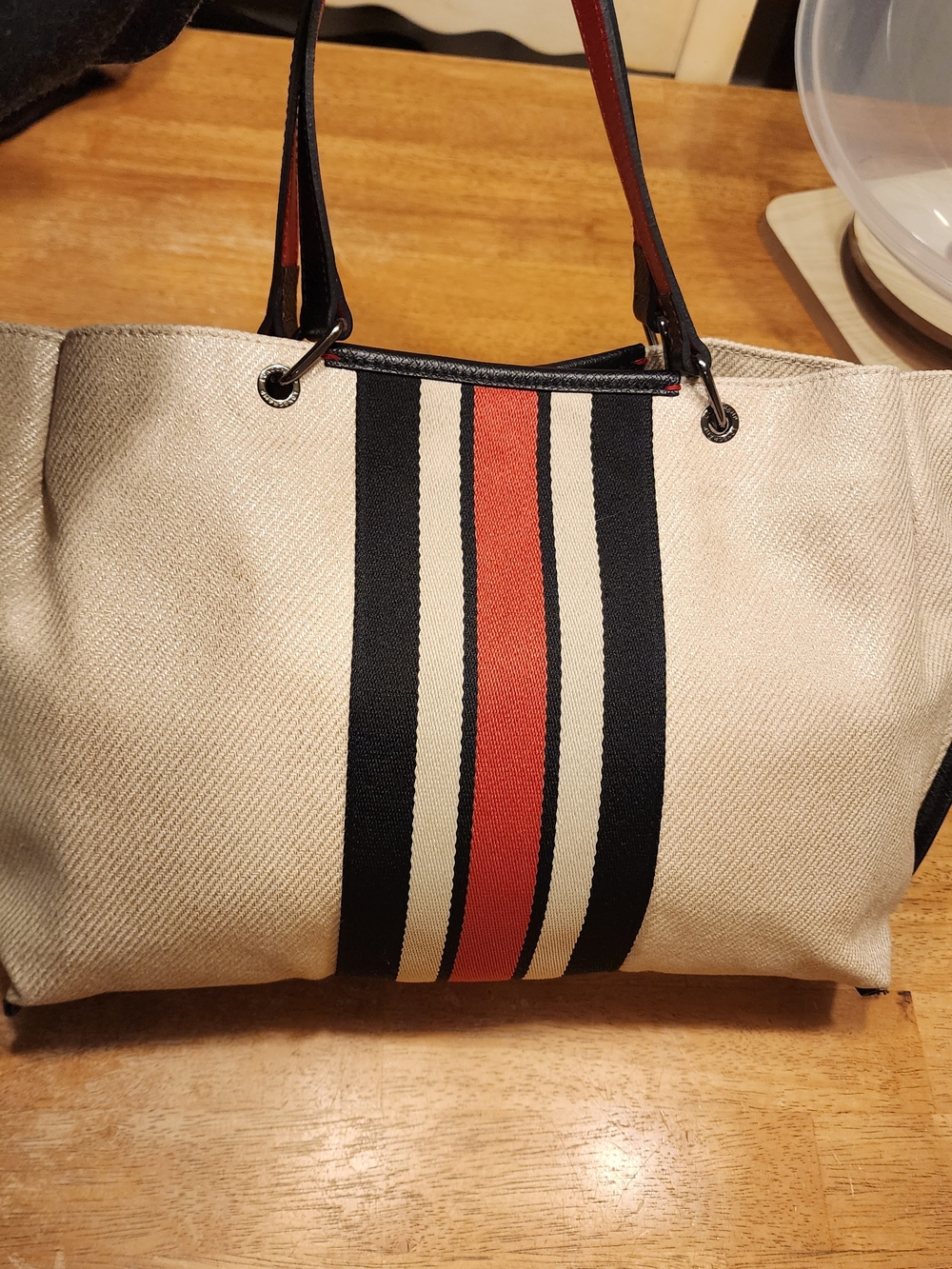Longchamp Beige Canvas Tote with Black and Red Stripe - Picture 7 of 14